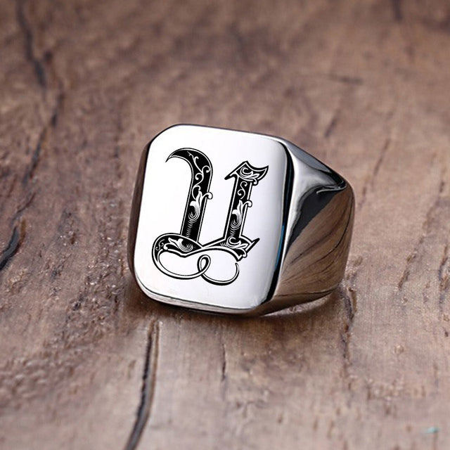 Mens Custom Made No Fade Silver Stainless Old English Letters Initial Ring