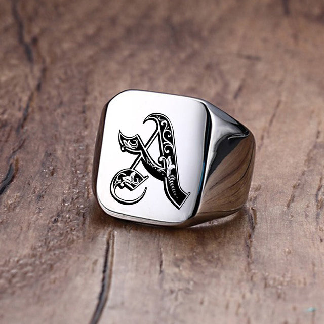 Mens Custom Made No Fade Silver Stainless Old English Letters Initial Ring