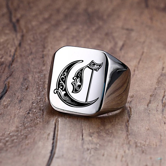 Mens Custom Made No Fade Silver Stainless Old English Letters Initial Ring