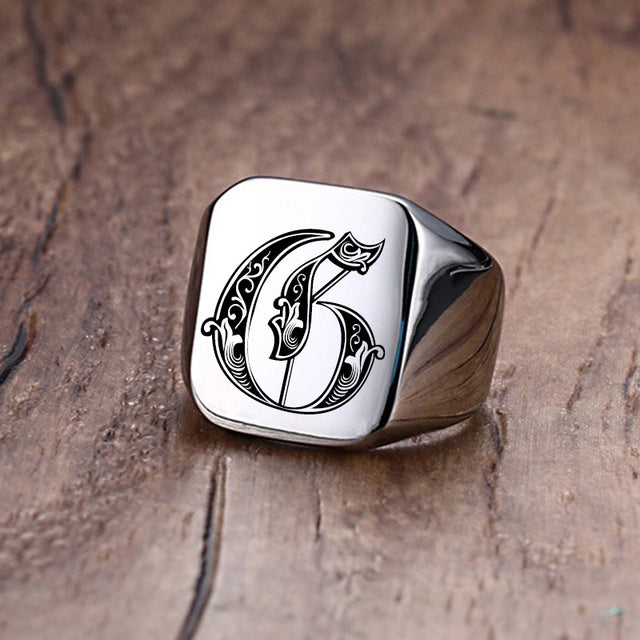 Mens Custom Made No Fade Silver Stainless Old English Letters Initial Ring
