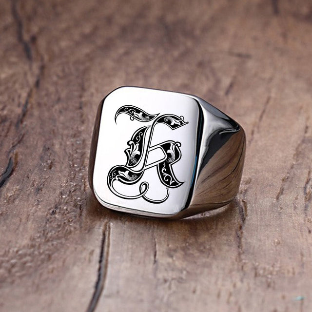 Mens Custom Made No Fade Silver Stainless Old English Letters Initial Ring
