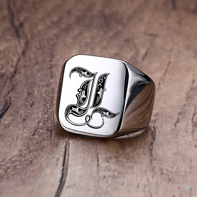 Mens Custom Made No Fade Silver Stainless Old English Letters Initial Ring