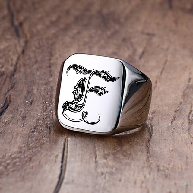 Mens Custom Made No Fade Silver Stainless Old English Letters Initial Ring