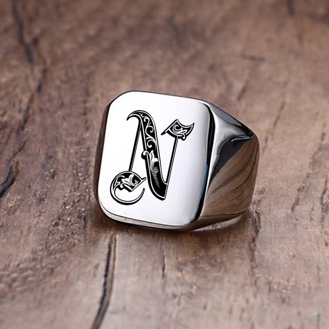 Mens Custom Made No Fade Silver Stainless Old English Letters Initial Ring