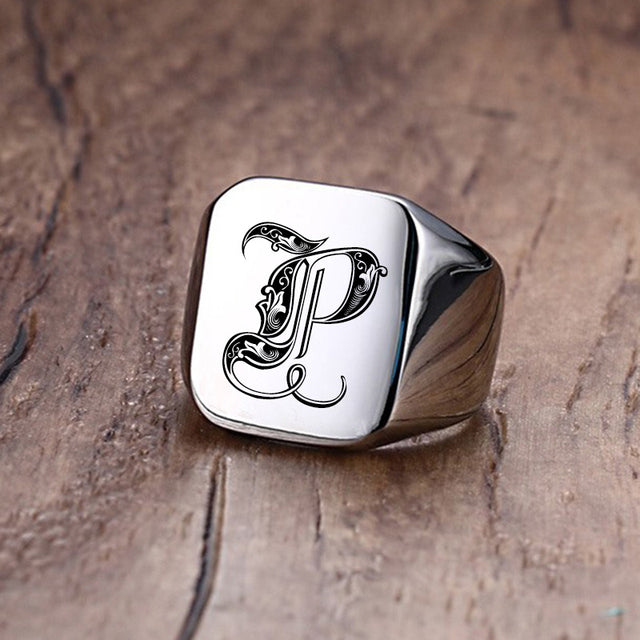 Mens Custom Made No Fade Silver Stainless Old English Letters Initial Ring