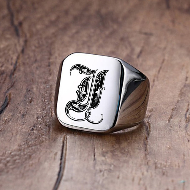 Mens Custom Made No Fade Silver Stainless Old English Letters Initial Ring