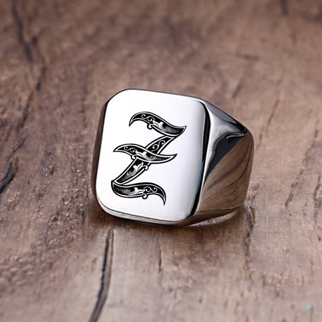 Mens Custom Made No Fade Silver Stainless Old English Letters Initial Ring