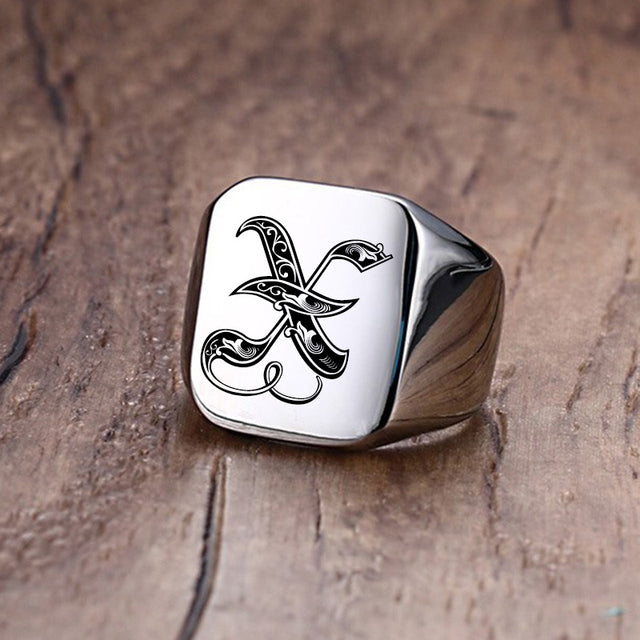 Mens Custom Made No Fade Silver Stainless Old English Letters Initial Ring