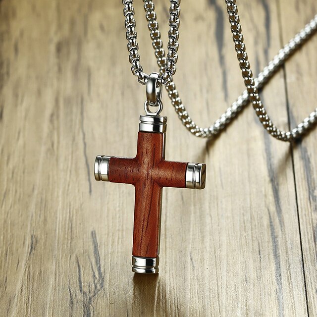 No Fade Stainless Steel Real Rosewood Cross Pendant Chain Necklace