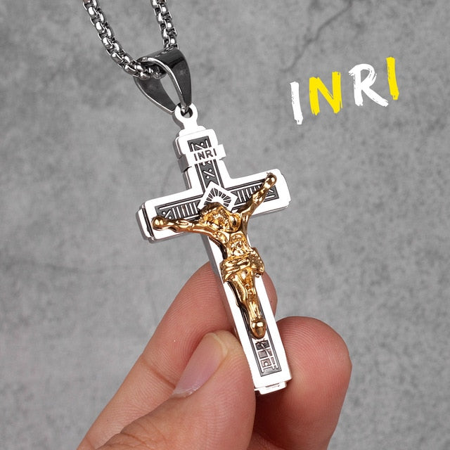 Mens INRI 14k Gold Over No Fade Stainless Steel Spiritual Cross Pendant Chain Necklace