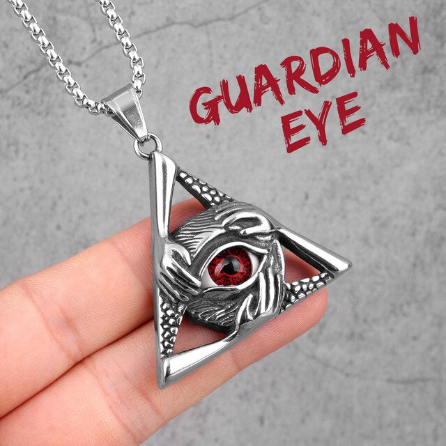 Mens Stainless Steel Eye Of the Guardian Triangle No Fade Pendant Chain Necklace