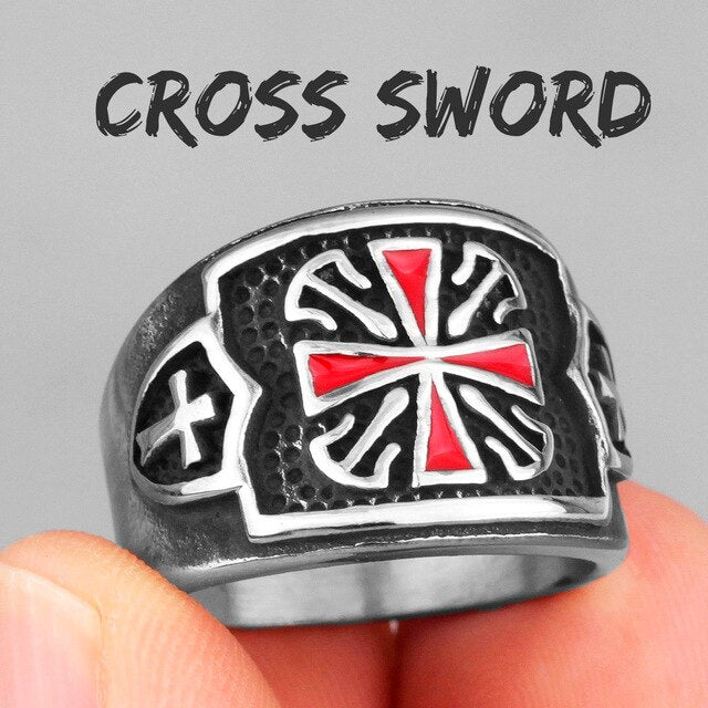 Knights Templar Red Crusaders Cross Shield No Fade Stainless Steel Mens Rings