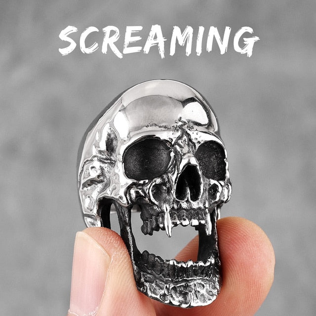 Mens Stainless Steel Screaming Demon Hell Skull Street Wear Rings