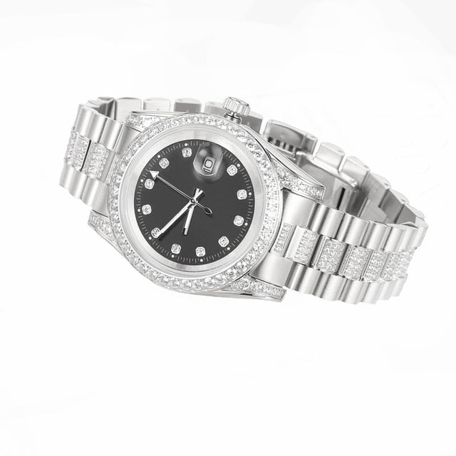 Mens Half Ice Presidential Iced Bezel Gold over Stainless Steel Casual Hip Hop Street Wear Watch