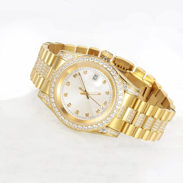 Mens Half Ice Presidential Iced Bezel Gold over Stainless Steel Casual Hip Hop Street Wear Watch