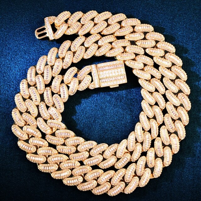 Mens 13mm Blinged Baguette 18k Gold 925 Silver Hip Hop Miami Cuban Link Chain Necklaces
