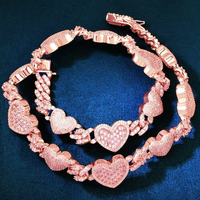 9mm Flooded Ice Baguette Pave Stone Gold Silver Rose Double Heart Chain Necklace