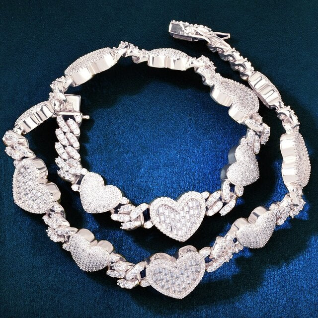 9mm Flooded Ice Baguette Pave Stone Gold Silver Rose Double Heart Chain Necklace