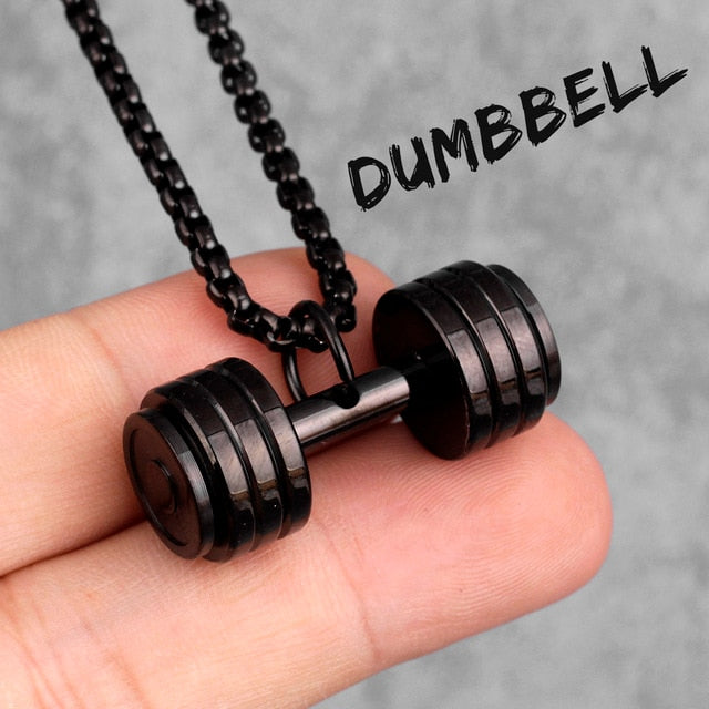 Titanium Stainless Steel No Fade Dumbbell Gold Silver Black Fitness Pendant Chain Necklace