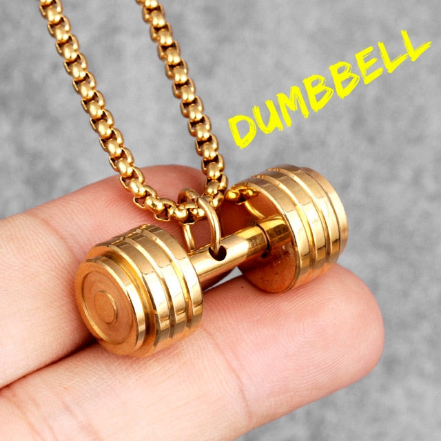 Titanium Stainless Steel No Fade Dumbbell Gold Silver Black Fitness Pendant Chain Necklace