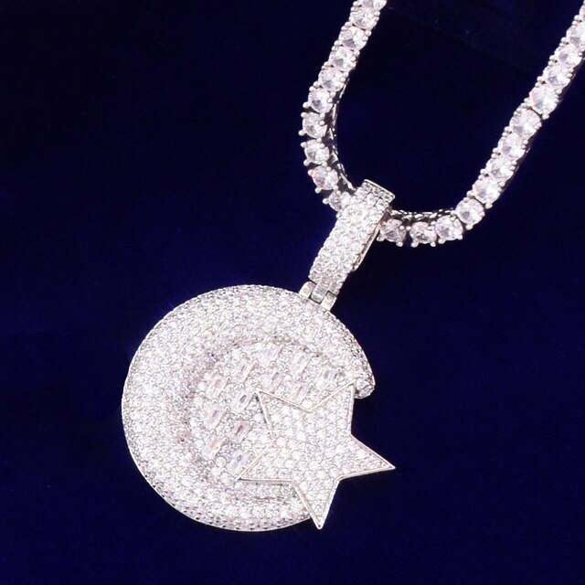 Celestial Wisdom | Gold 925 Silver Crescent Moon Star Baguette Iced Pendant