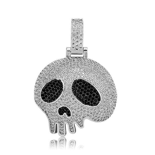 Mens 14k Gold 925 Silver Flooded Ice Broken Skull Head Hip Hop Pendant Chain Necklace