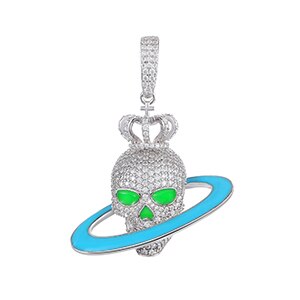 Mens Genuine Diamond Skull Head rings Of Saturn 925 Sterling Silver Hip Hop Pendant Chain