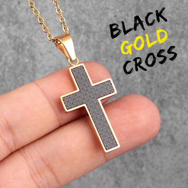 Mens No Fade Stainless Steel Carbon Fiber Black Gold 14k Cross Pendant Chain Necklace