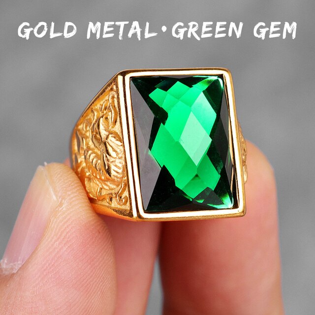 Mens Gemstone Phoenix Dragon No Fade 14k Gold Over Stainless Steel Street Wear Bling Rings