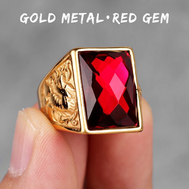 Mens Gemstone Phoenix Dragon No Fade 14k Gold Over Stainless Steel Street Wear Bling Rings