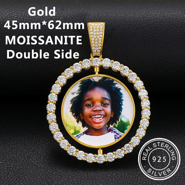 Custom 925 Solid VVS Lab Diamond Round Memory Photo Medallion Hip Hop Pendant Necklaces