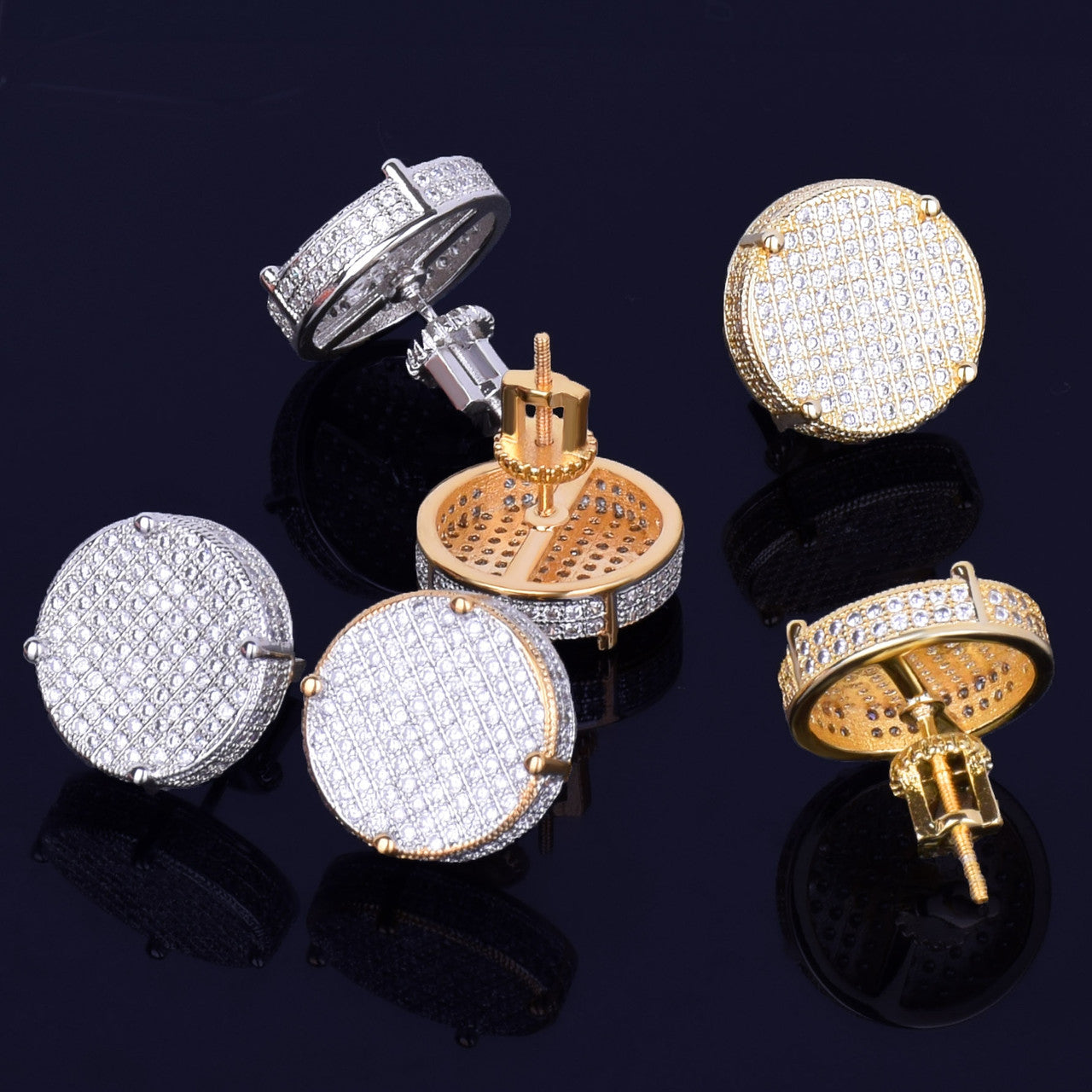 14MM Gold Silver Big Boy Round Stud Earring Silver AAA Micro Pave Screw Back Men&#39;s Earrings