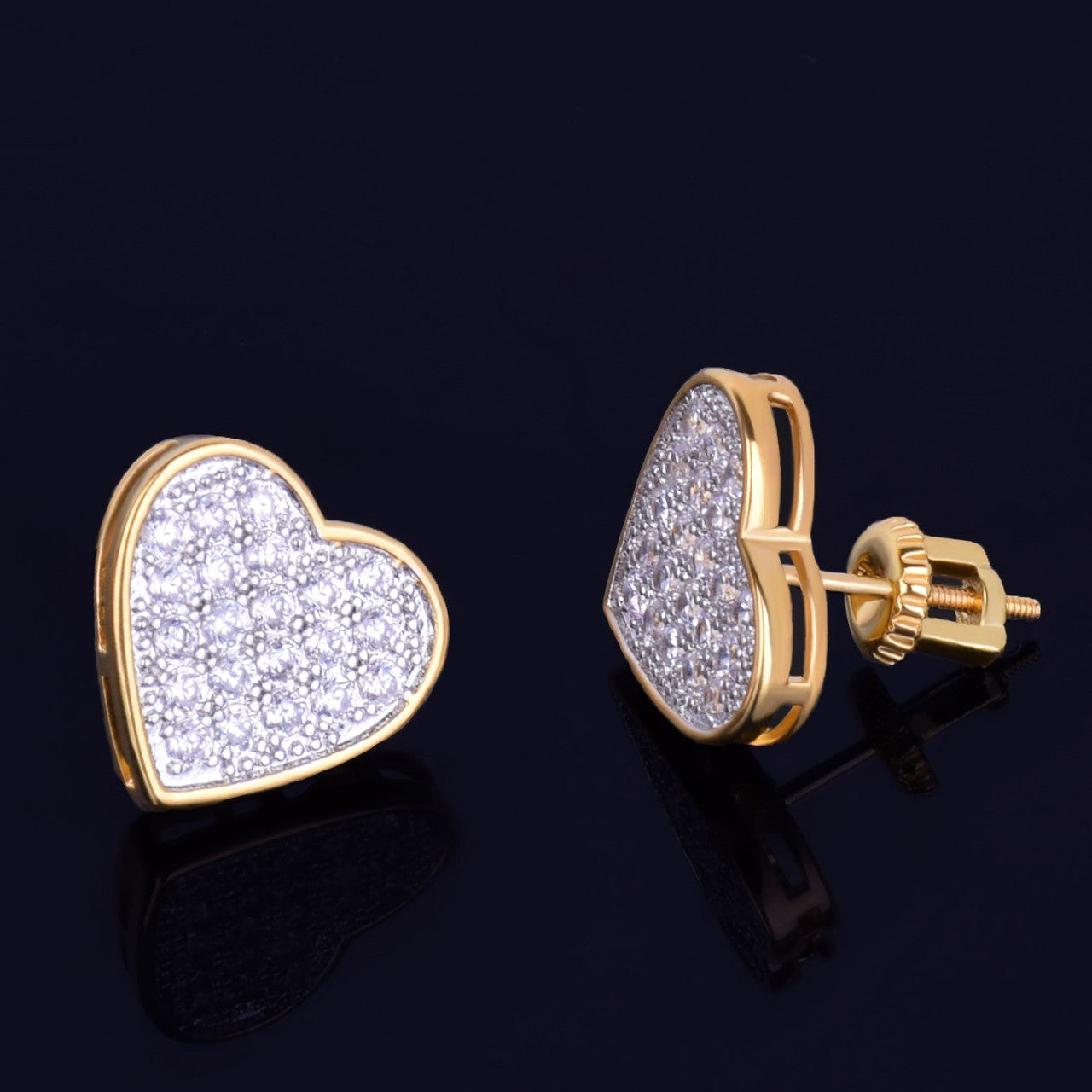 Heart-Shaped | 18k Gold Silver Stud VVS CZ Prong Set Bling Stone Screw Back Earrings