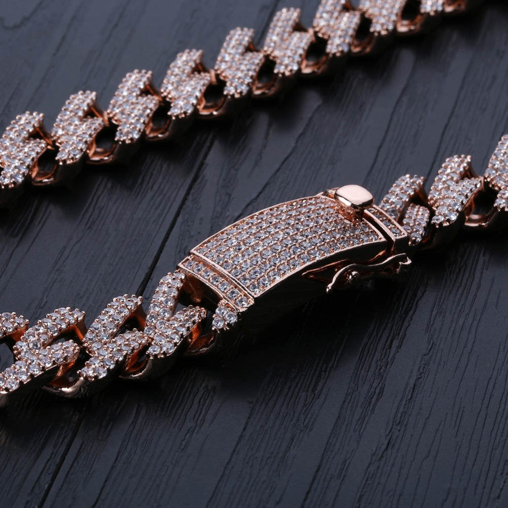 Micro Pave Flooded Ice 14mm Miami Cuban Link Rose Gold Silver Hip Hop Chain Necklace