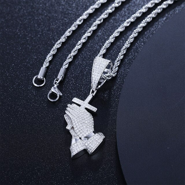 Mens Flooded Ice Solid 925 Silver Genuine Lab Diamond Prayer Hand Cross Pendant