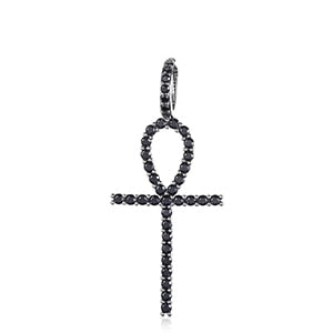 925 Sterling Silver Genuine VVS Black Diamond Hip Hop Ankh Cross Pendant Necklace