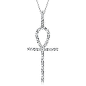 925 Sterling Silver Genuine VVS Black Diamond Hip Hop Ankh Cross Pendant Necklace