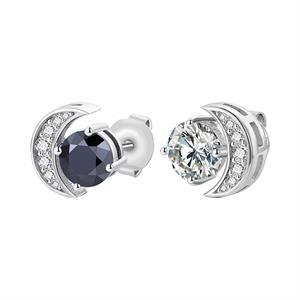 Genuine VVS Diamond Solid Sterling Silver Crescent Moon Stud Black White Bling Stone Earrings