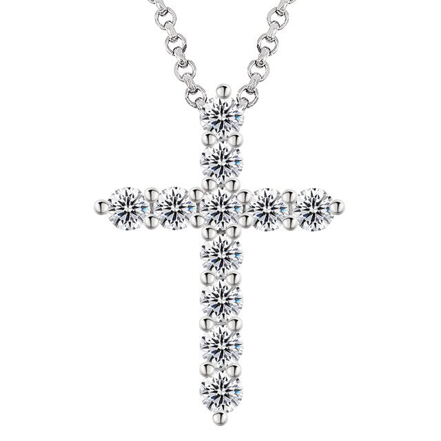 Ladies Genuine 925 Sterling Silver Diamond Simulate Cross Pendant Chain Necklace