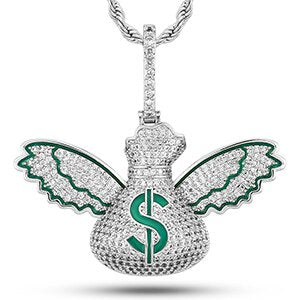Mens Flooded Ice Money Bags Flying To Me 18k Gold 925 Silver Hip Hop Pendant