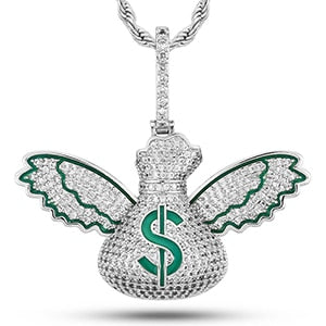 Mens Flooded Ice Money Bags Flying To Me 18k Gold 925 Silver Hip Hop Pendant