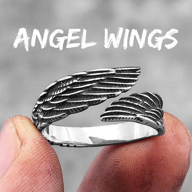 Mens No Fade Eccentric Creative Angel Wings Stainless Steel Street Wear Rings