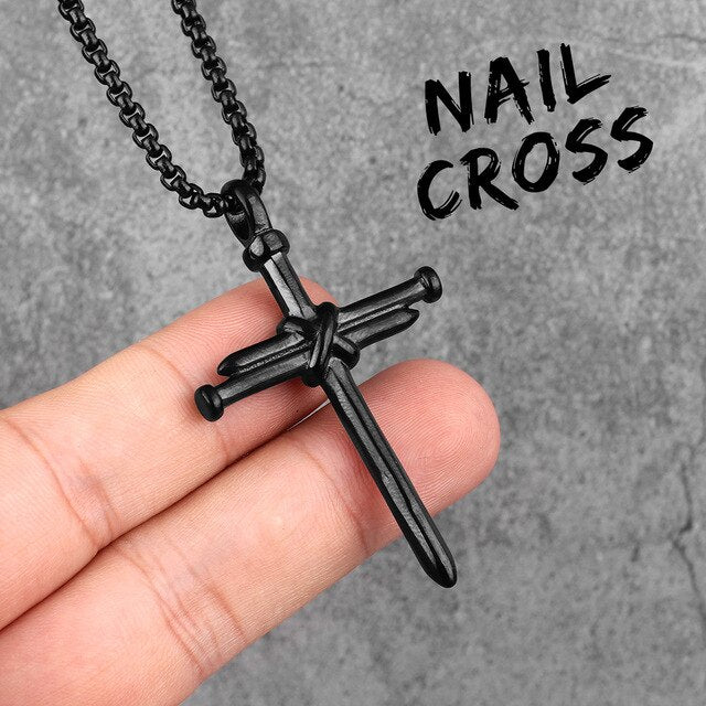 No Fade Stainless Steel 14k Gold Black Rugged Jesus Nail Cross Pendant