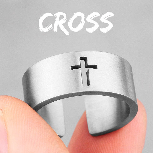 Mens 316L Solid No Fade Stainless Steel Unique Kings Crown Cross Rings