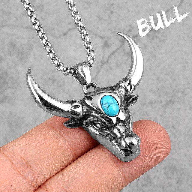 Bull | 316L Solid Stainless Steel Turquoise No Fade Steer Head Pendant