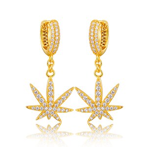 14k Gold Over Solid 925 Sterling Silver Weed Leaf Hip Hop Iced Earrings