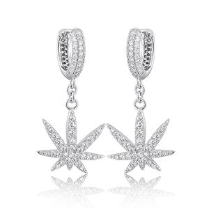 14k Gold Over Solid 925 Sterling Silver Weed Leaf Hip Hop Iced Earrings