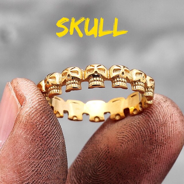 316L Skull Binding 14k Gold over No Fade Stainless Steel Street Wear Rings