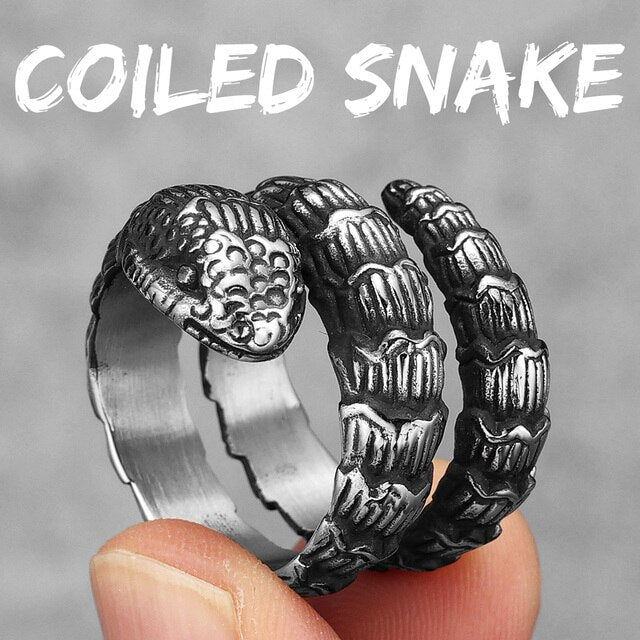 Mens No Fade 316L Unique Fashion Coiled Snake Street Wear Rings