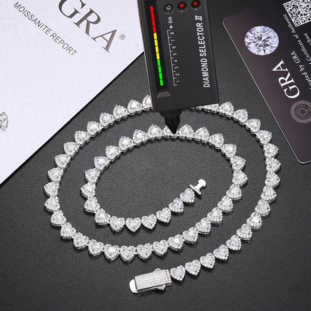 Ladies Genuine VVS Diamond Heart Shaped Tennis Chain Solid 925 Silver Necklace